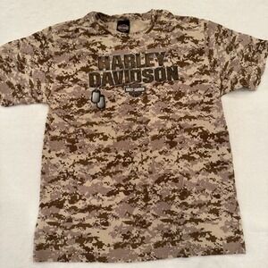 HARLEY DAVIDSON Shirt XL Camo Desert Camouflage Dog Tags Army Marines Biker